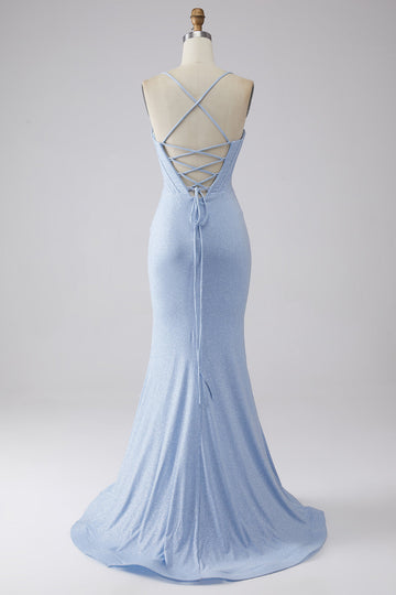 Light Blue Sparkly Mermaid Formal Dress with Slit